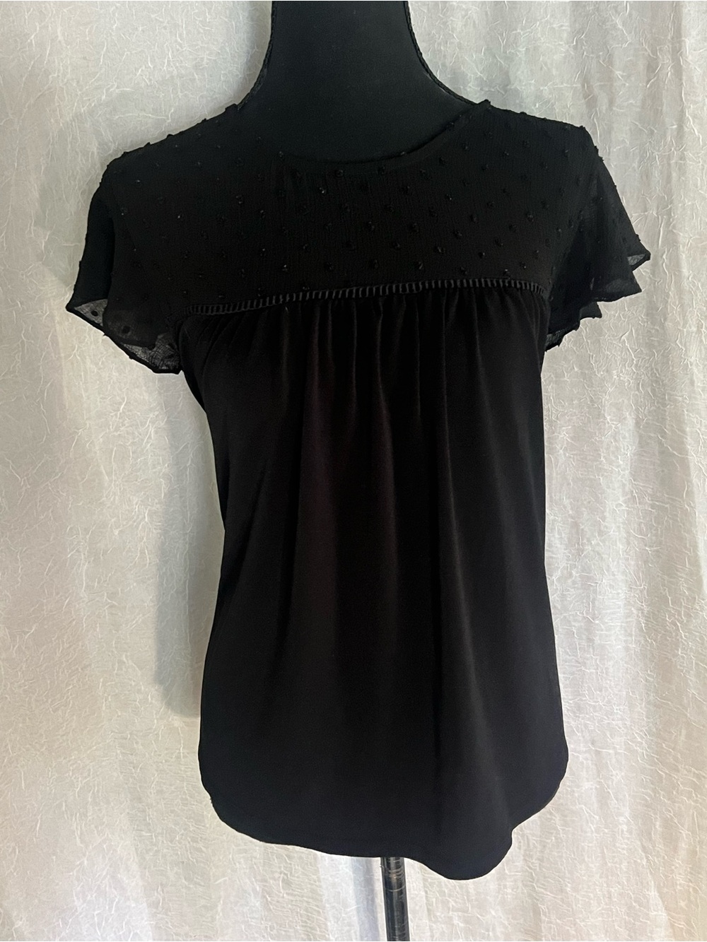 CeCe Black Short-Sleeve Dot Mesh Yoke Blouse